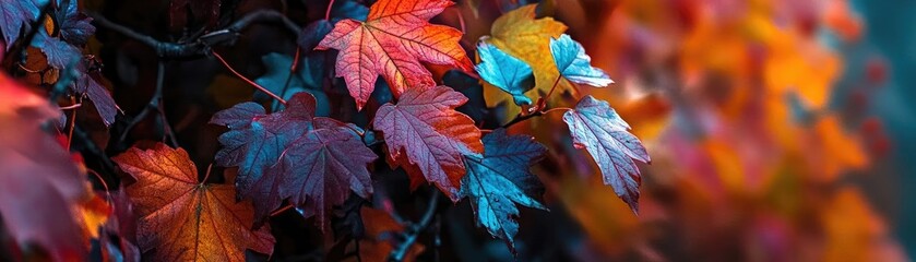 Vibrant autumn leaves showcasing a mix of orange, red, and blue hues, creating a stunning natural backdrop.