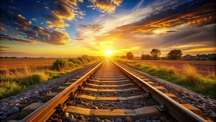 Railway stretching into the sunset with golden hues reflecting off the tracks, railway, sunset, golden, tracks