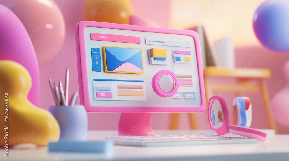 Aufkleber Vibrant and playful desktop workspace featuring a colorful computer interface, magnifying glass, and various desk accessories in a pastel-themed environment.
