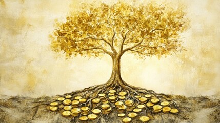 Money tree with roots deep in gold, foundation of wealth, watercolor style