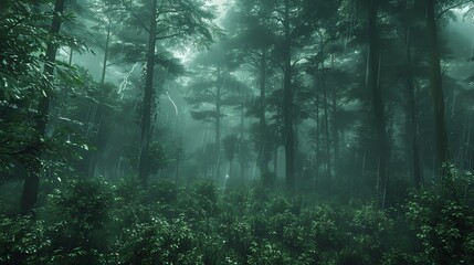 tropical jungle with towering trees and vibrant green foliage, sunlight filtering through the dense canopy, creating a serene forest atmosphere.