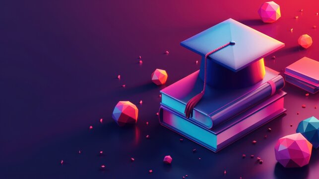 Low poly 3D render graduation cap, books, diploma polygonal modern design banner template. Internet education course degree vector illustration