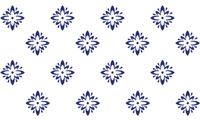 a detailed fabric pattern composed of shape designs, blue and white flowers on white background.