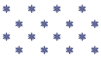 a detailed fabric pattern composed of shape designs, blue flowers on white background.
