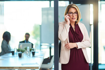 Woman, communication and phone call for plan in office, chat and schedule meeting with...