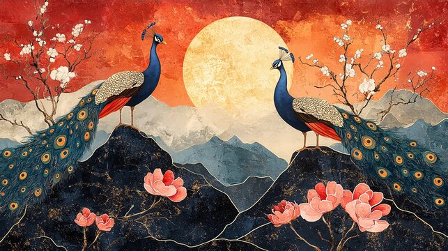 Chic geometric patterns with graceful peacocks for upscale wallpaper Feature refined geometric shapes combined with the regal beauty of peacocks for an elegant and chic wallpaper. 