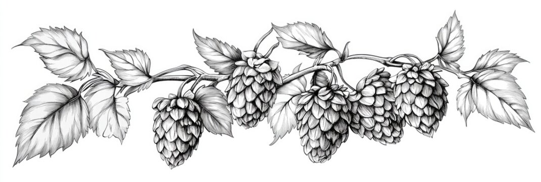 Hops Border. Vintage Sketches of Hops Plants for Beer Label Design