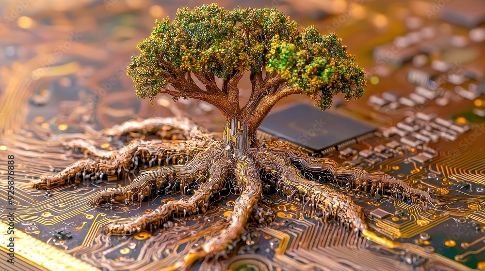 Poster a miniature tree with roots growing on a circuit board, symbolizing the connection between nature an