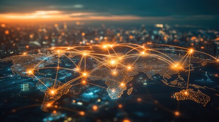 Fototapeta premium A network of glowing lines connecting cities on a world map, symbolizing global business ideas.