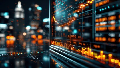 Obraz premium Stock ticker in a hightech trading floor, dynamic graphs and data creating a sense of financial activity, Futuristic, Digital, Sharp focus