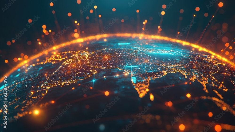 Poster a network of glowing lines connecting global business hubs on a digital globe.