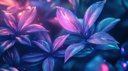 Digital Neon Jungle - Futuristic 3D Illustration of Glowing Plants Intertwined with Tech Elements