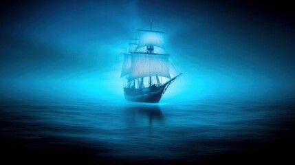 Fototapeta premium A mystical ship emerges from a foggy blue sea, evoking a sense of adventure and mystery in the vast ocean.
