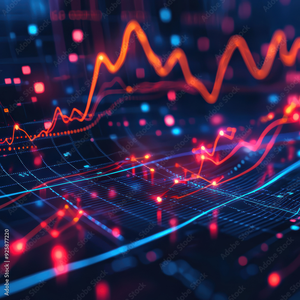 Poster vibrant digital representation of data trends, showcasing fluctuating graphs and bright data points,