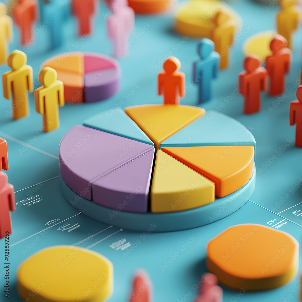 Poster colorful pie chart and figures representing data analysis, showcasing vibrant colors andplayful desi