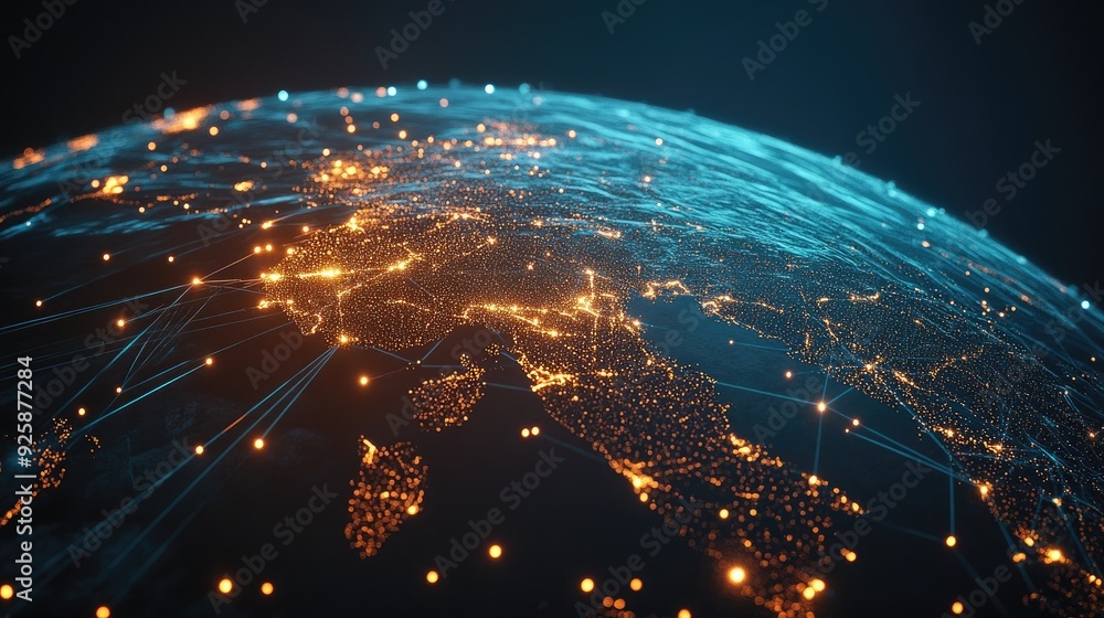 Poster a network of glowing lines connecting global business hubs on a digital globe.