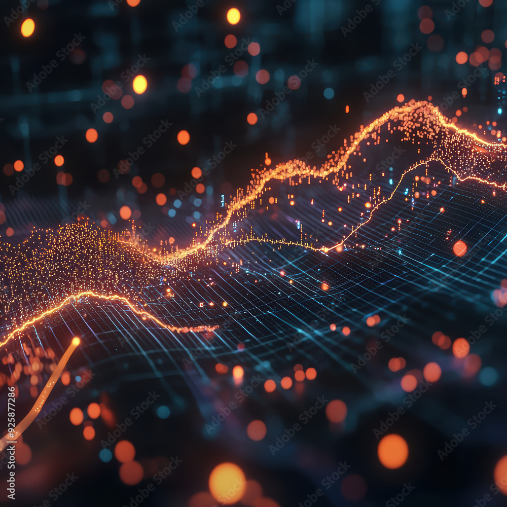 Poster vibrant digital representation of data trends, showcasing glowing lines and particles that evokesens