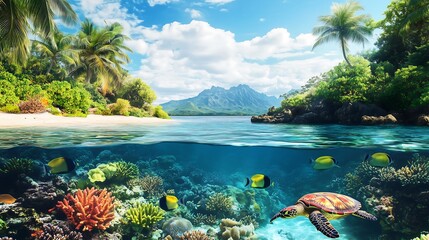 A tropical island paradise with a vibrant coral reef visible beneath the clear, shallow waters.