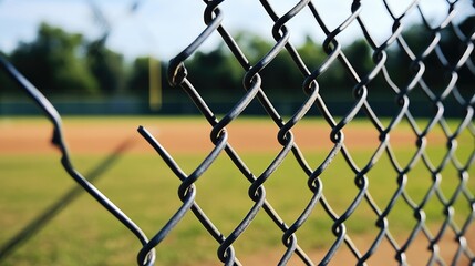 Fototapeta premium Baseball Field Fence. Sport Background with Field, Softball, and Wire Mesh Fence