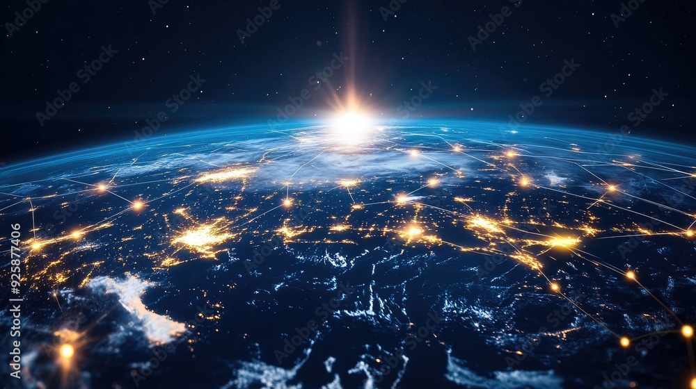 Aufkleber a network of glowing lines connecting global business hubs on a digital globe.