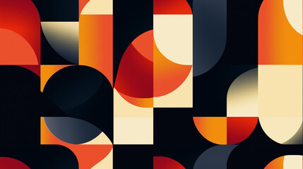 A bold geometric pattern with abstract shapes in warm colors, including reds, oranges, and blacks. The seamless tile is ideal for modern, edgy designs and backgrounds.