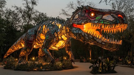 Illuminated Dinosaur Sculpture Made of Glass and Metal