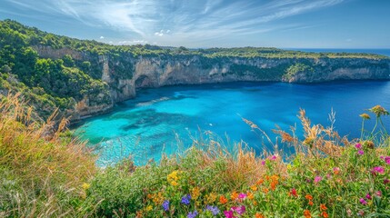A breathtaking view from a hilltop of a serene blue lagoon, with pristine turquoise waters encircled by tall, verdant cliffs