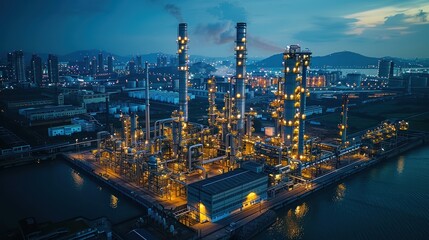 Fototapeta premium Gas fired power plant and factory building at night. Also called gas fired power station or natural gas power plant.