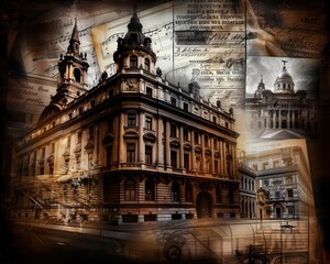 Urban heritage scene with historical buildings and landmarks, capturing the essence of the citys history, Vintage, Sepia tones, Detailed