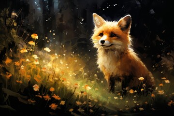 A curious fox sniffing around a garden in an illustration