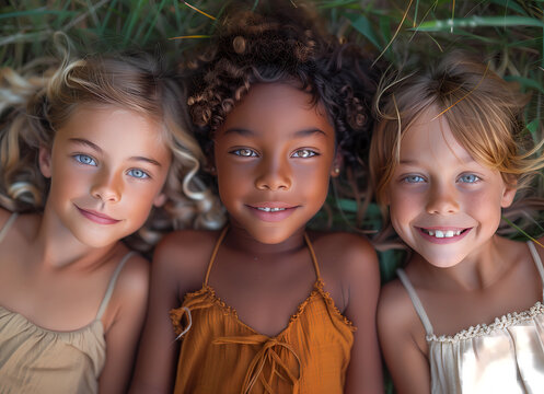 Closeup photo from above of three multiethnic children smiling and lying on the grass. Kids, diversity and happiness of group enjoying summer holiday at park or garden, bonding or relaxing together. 