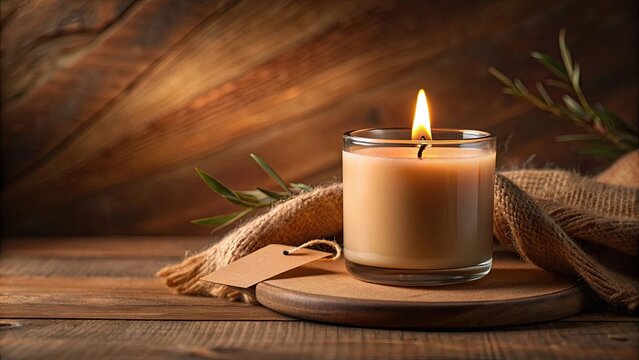 Soy organic candle burning against a brown backdrop with an empty label for personalized customization, creating a cozy ambiance