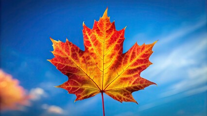 Obraz premium Vibrant red and yellow maple leaf against a blue sky , Fall, Autumn, Maple, Leaf, Vibrant, Colors, Nature, Season, Foliage
