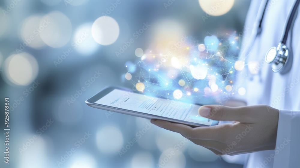 Poster doctor using tablet with digital network and bokeh lights