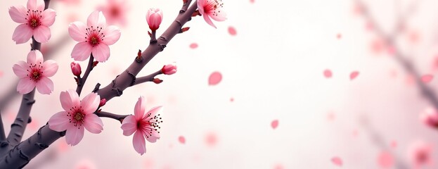 Fototapeta premium Cherry Blossoms Delicately Blooming on Branch against Soft Pink Background with Copy Space