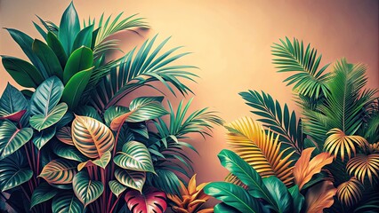 Tropical foliage plants with vintage color scheme on a bright background , tropical, foliage, plants, vintage, color, bright