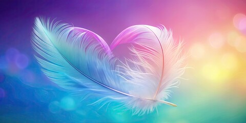 Obraz premium Soft and vibrant feather art composition with a heart-shaped feather on a gradient background, symbolizing lightness