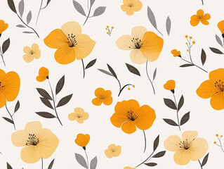 Yellow and beige flowers with delicate leaves on a white seamless pattern, perfect for textiles or wallpapers. The composition is light, simple, and visually calming.