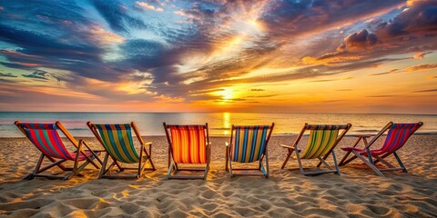 Colorful beach chairs on sandy shore at sunset, conveying relaxation and summer bliss, beach, chairs, colorful, ocean, sunset