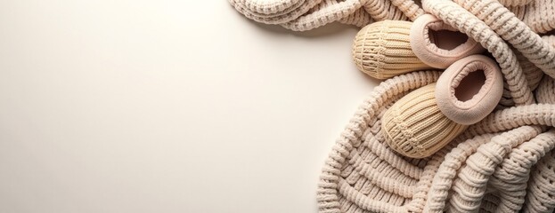 Fototapeta premium Cozy Knitted Baby Booties and Blanket in Neutral Tones with Copy Space