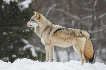Naklejka premium Wolf Back. Grey Wolf Standing in Snow on Winter Day - Rear View Portrait
