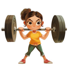 3D animated girl lifting weights with determination in a stylized cartoon style.
