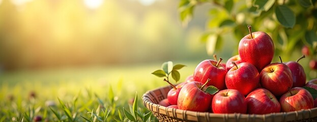 Fresh Red Apples in Rustic Basket against Sunny Garden Background with Copy Space