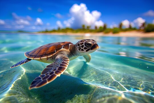 Sea turtle swimming in the clear blue ocean