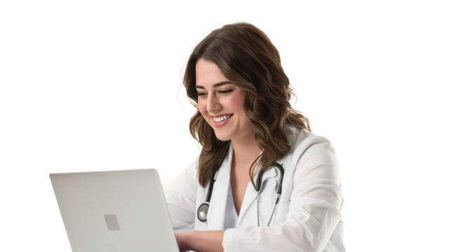 Smiling female doctor using laptop for online consultation.