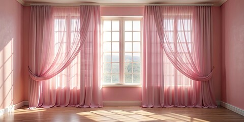 Pink sheer curtains draped over window with sunlight streaming through onto a soft pink wall in rendering , curtains