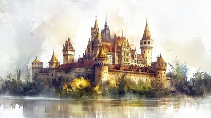 Fototapeta premium Magnificent castle with golden roofs, royal wealth, watercolor style
