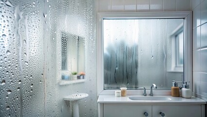 Obraz premium Condensation on a mirror in a bathroom reflecting soft light, misty, reflections, glass, water droplets, steam, bathroom