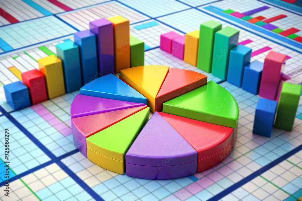 Poster colorful pie chart and bar graph on grid paper.