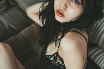 Fototapeta premium 部屋着を着てベッドで寝ている日本人女性（育乳・ブラジャー・下着・ランジェリー・インナー・ショーツ・睡眠・快眠）